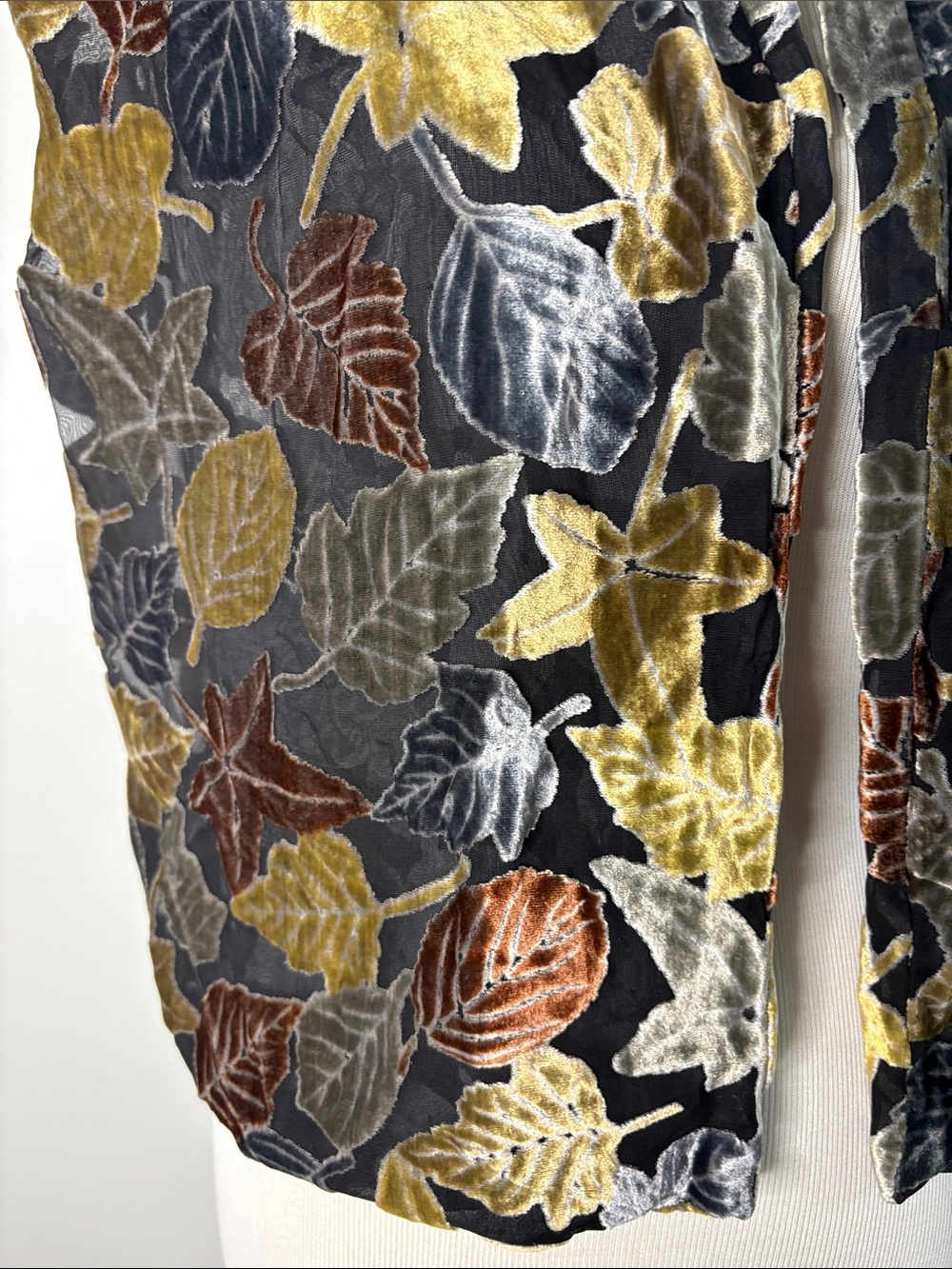 Nick & Nora Velvet Leaf Print Scarf in Gray, Gold, Brown - Picture 3 of 4